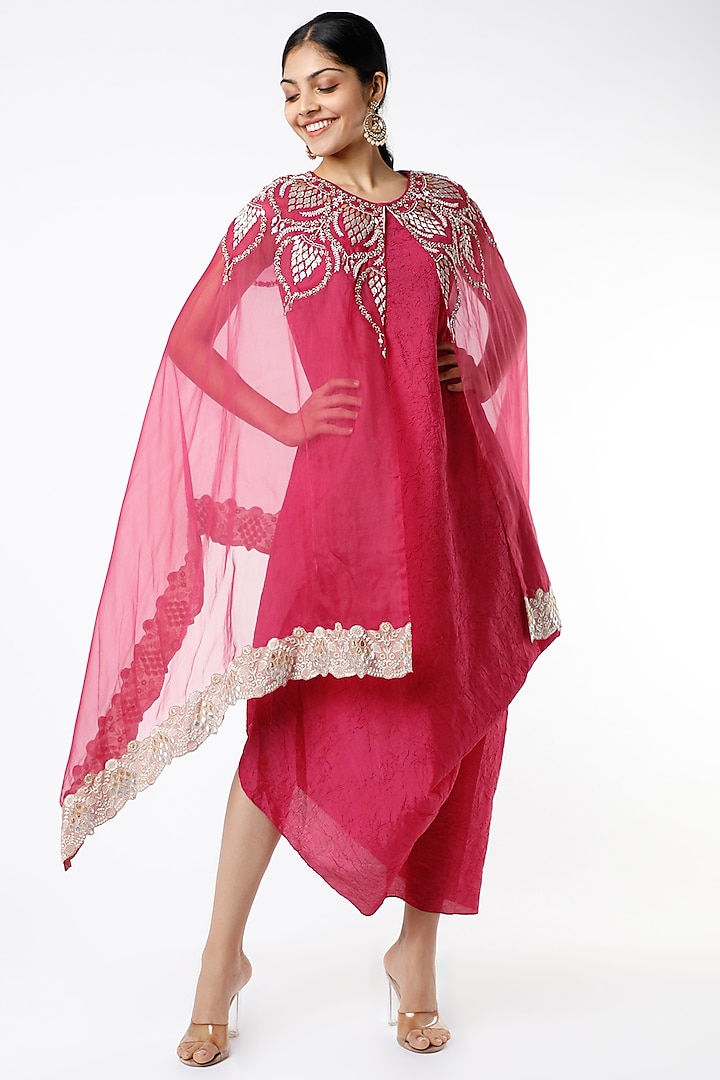 Fuchsia Dress With Embroidered Cape by Kavita Bhartia