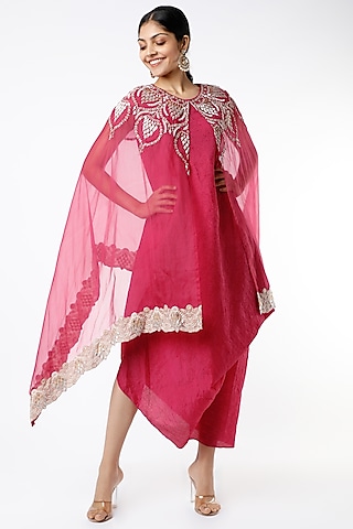 Fuchsia Dress With Embroidered Cape by Kavita Bhartia