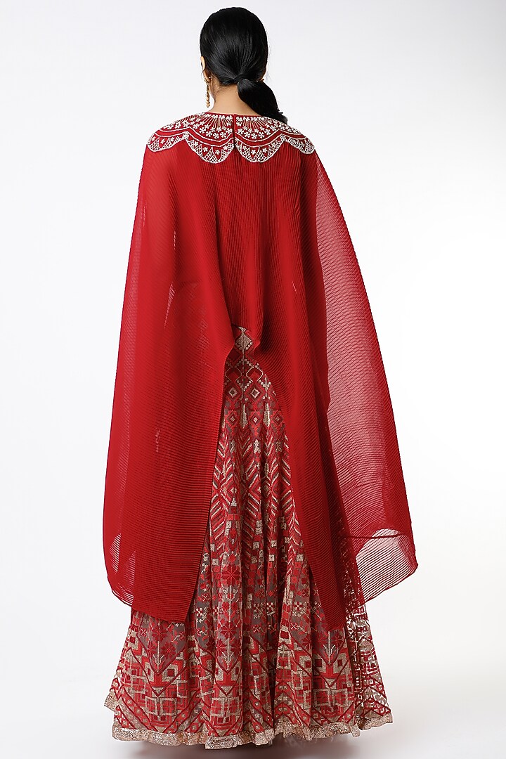 Crimson Mesh Cross-Stitch Embroidered Skirt Set by Kavita Bhartia at Pernia's Pop Up Shop