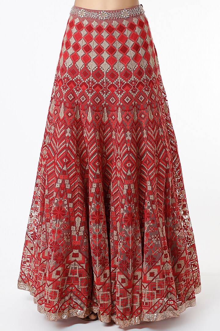Crimson Mesh Cross-Stitch Embroidered Skirt Set by Kavita Bhartia at Pernia's Pop Up Shop