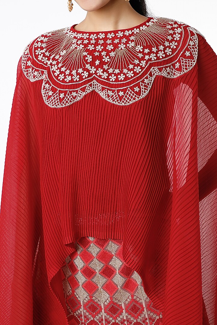 Crimson Mesh Cross-Stitch Embroidered Skirt Set by Kavita Bhartia at Pernia's Pop Up Shop