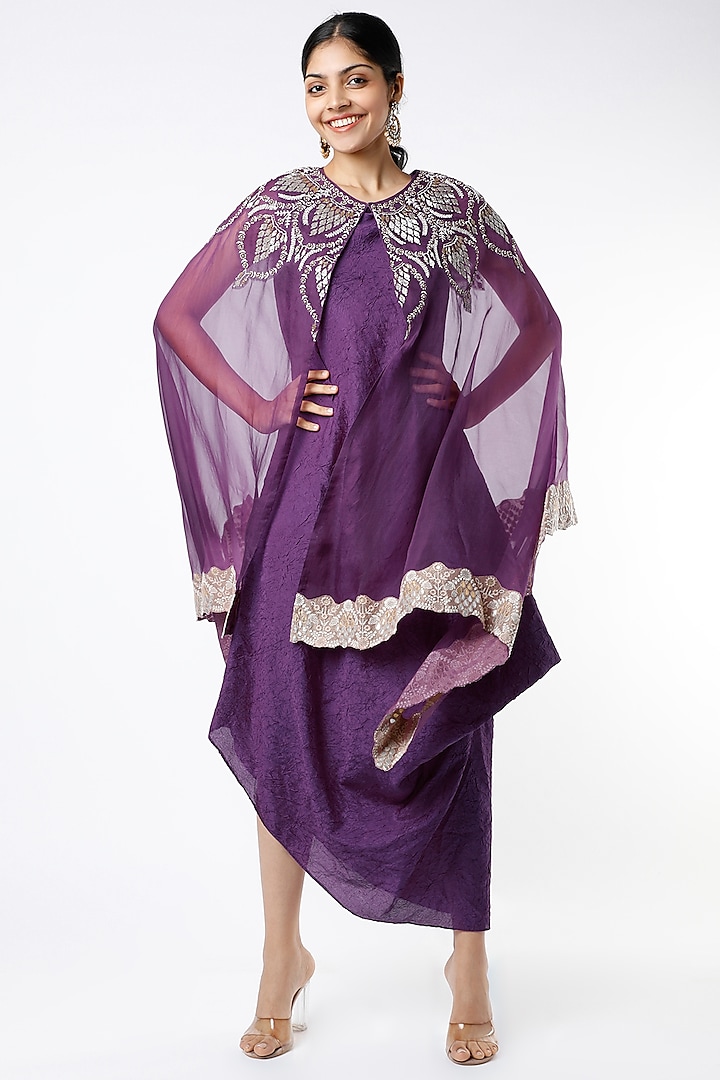 Purple Dress With Embroidered Cape by Kavita Bhartia