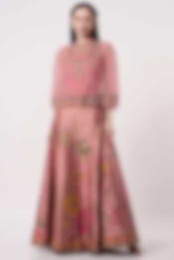 Salmon Pink Floral Printed Skirt Set by Kavita Bhartia