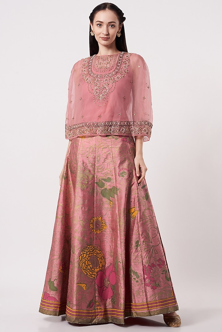 Salmon Pink Floral Printed Skirt Set by Kavita Bhartia