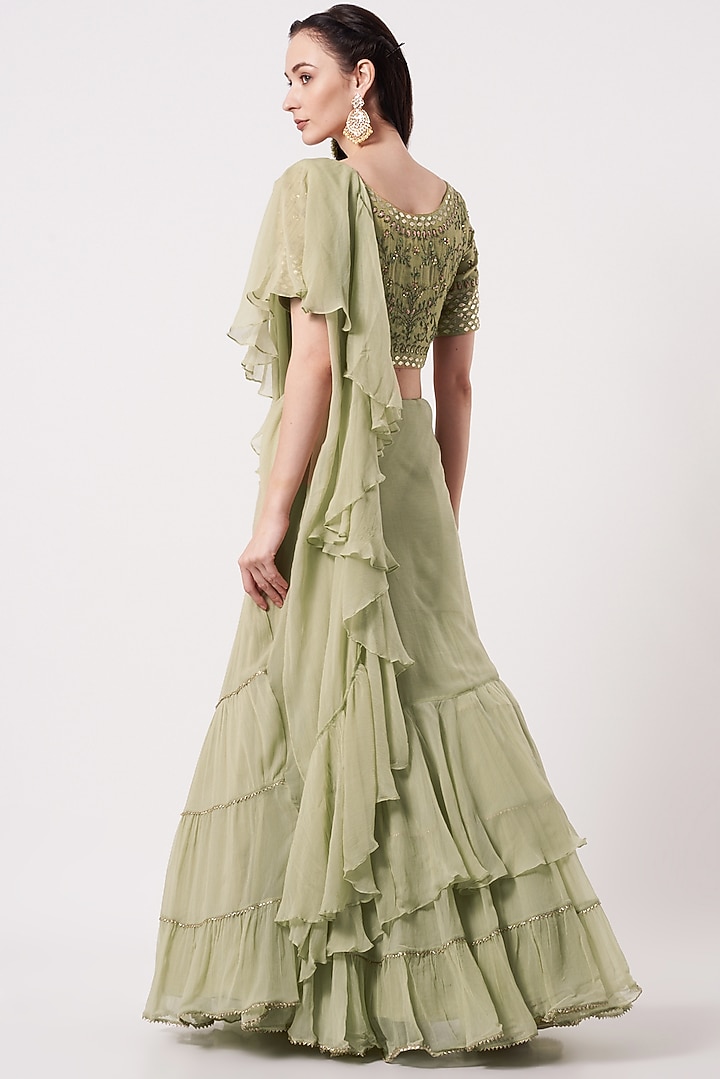 Laurel Green Chiffon Wedding Saree Set by Kavita Bhartia at Pernia's Pop Up Shop
