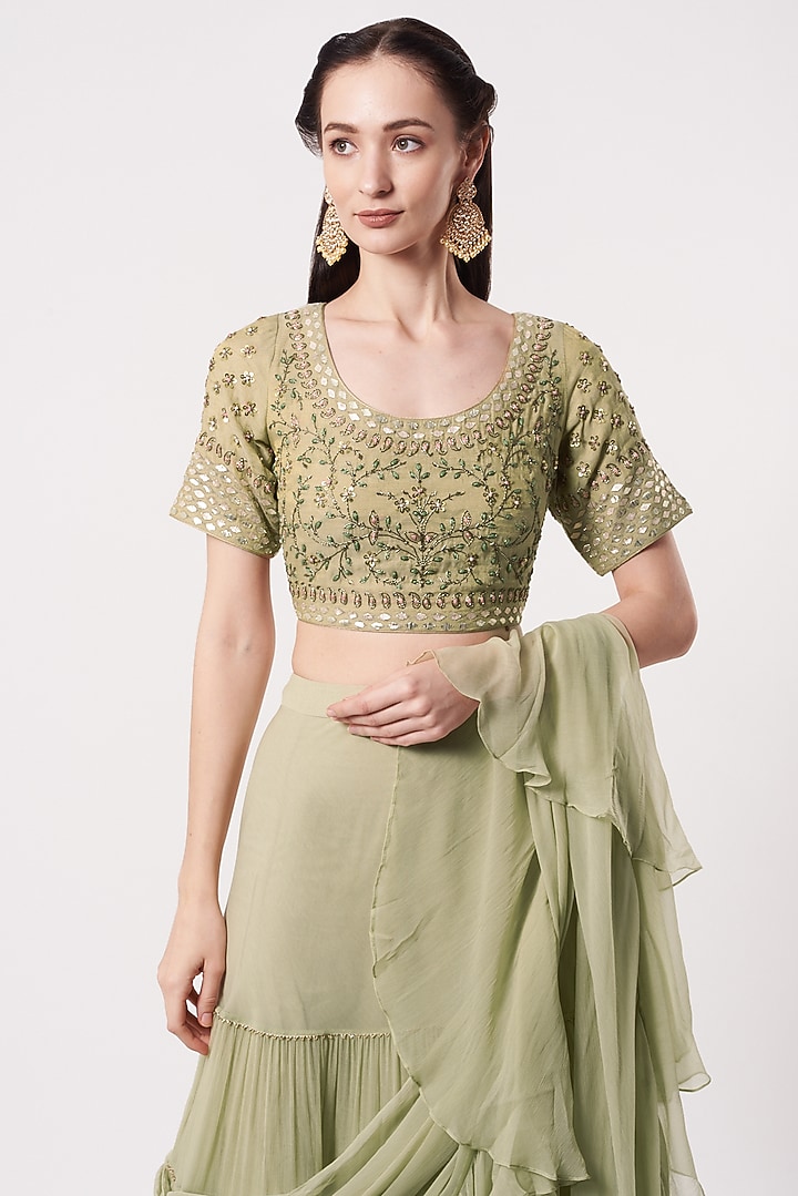 Laurel Green Chiffon Wedding Saree Set by Kavita Bhartia at Pernia's Pop Up Shop