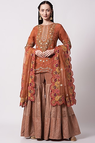Rust Embroidered Sharara Set by Kavita Bhartia