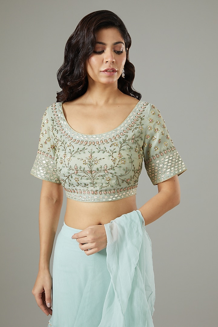 Powder Blue Chiffon Wedding Saree Set by Kavita Bhartia at Pernia's Pop Up Shop