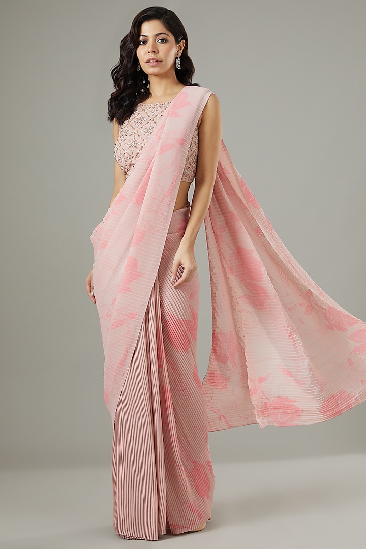 Light Pink Georgette Pre-Stitched Wedding Saree Set by Kavita Bhartia at Pernia's Pop Up Shop