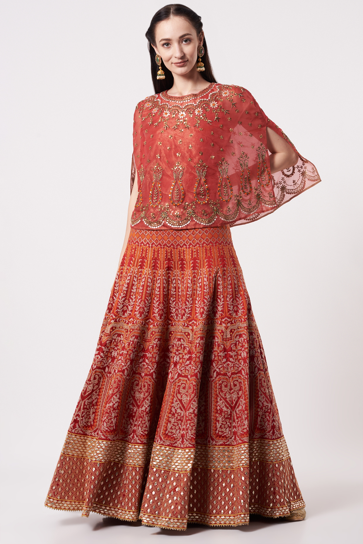 Red Dupion Embroidered Skirt Set by Kavita Bhartia at Pernia's Pop Up Shop