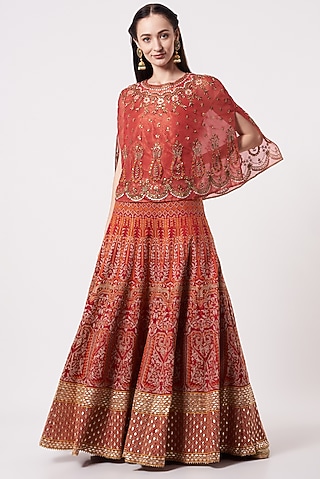 Red Dupion Embroidered Skirt Set by Kavita Bhartia