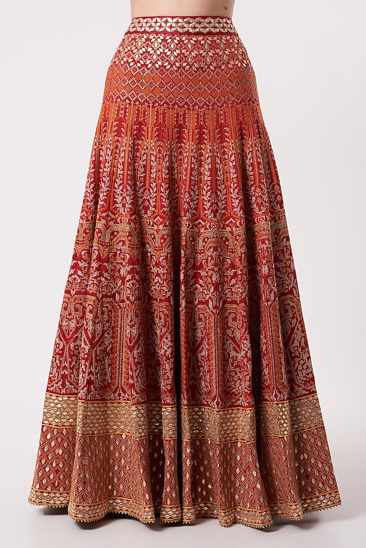 Red Dupion Embroidered Skirt Set by Kavita Bhartia at Pernia's Pop Up Shop