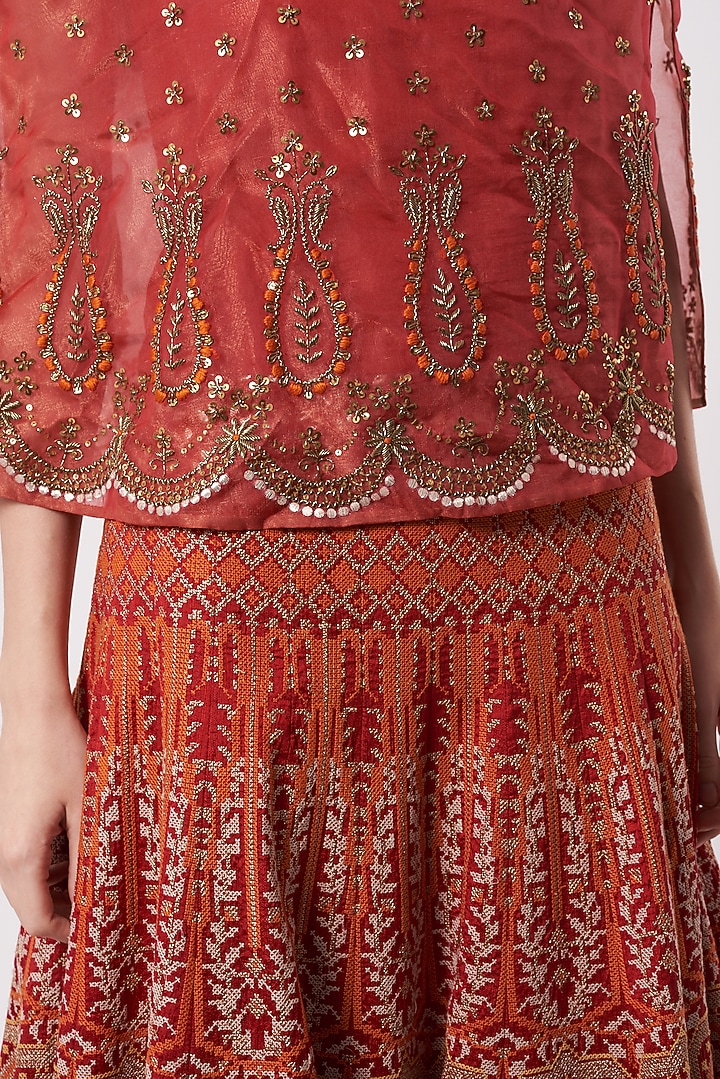 Red Dupion Embroidered Skirt Set by Kavita Bhartia at Pernia's Pop Up Shop
