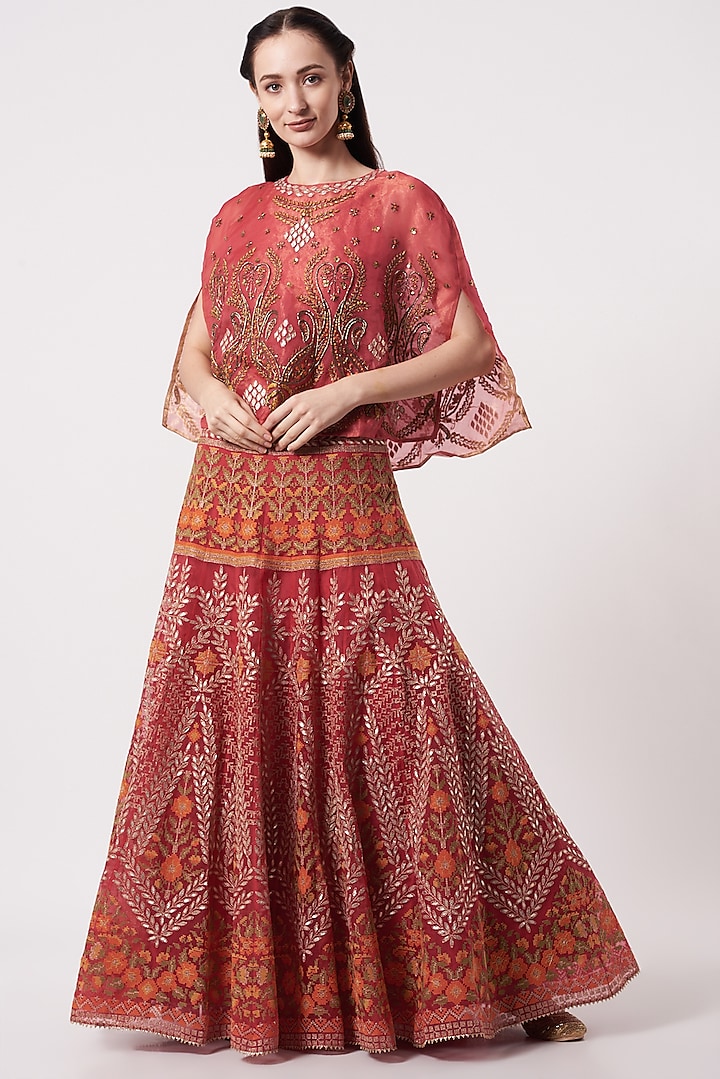 Red Embroidered Skirt Set by Kavita Bhartia