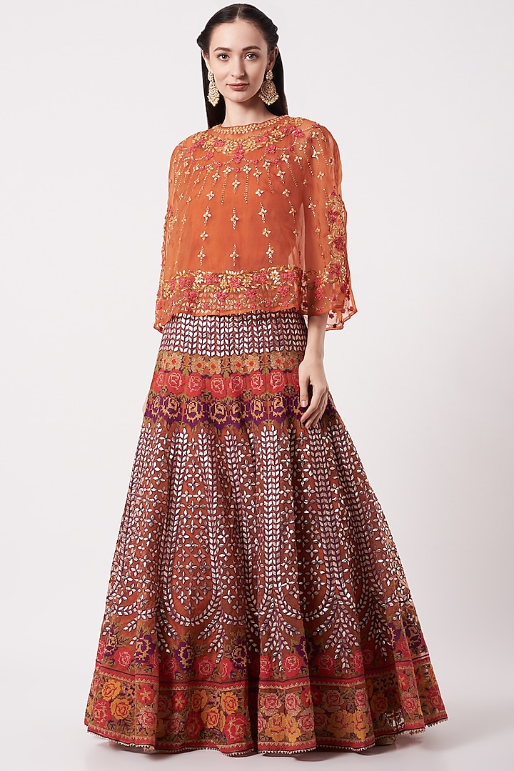 Rust Organza Embroidered Skirt Set by Kavita Bhartia