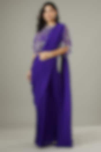 Purple Georgette Pre-Stitched Saree With Cape by Kavita Bhartia