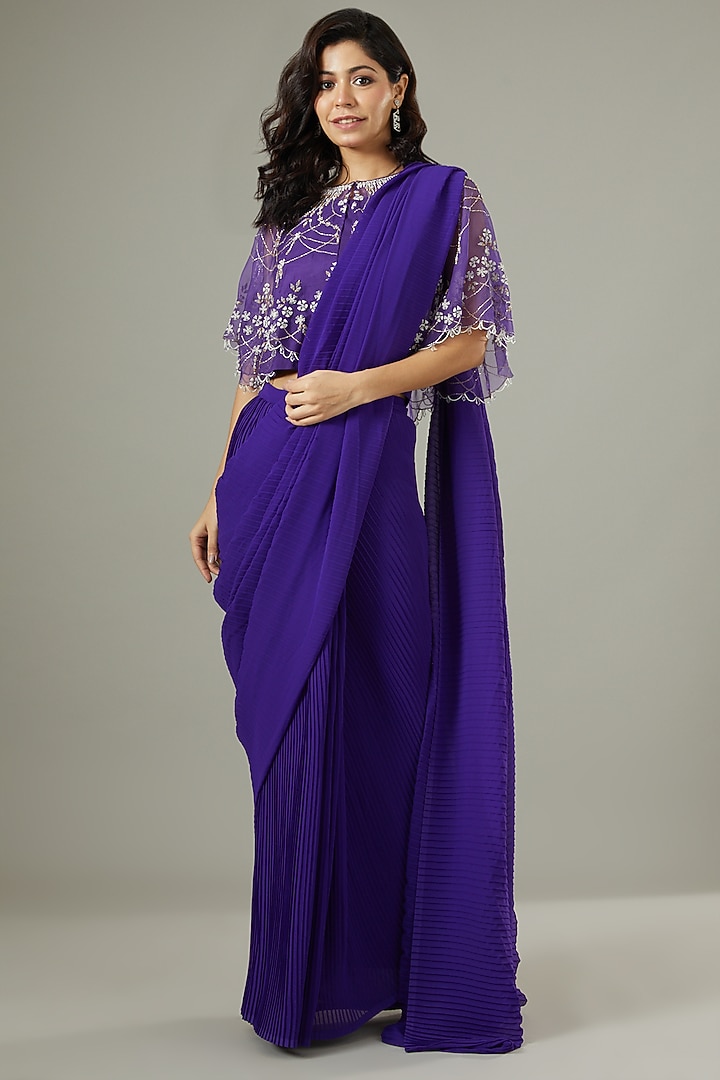Purple Georgette Pre-Stitched Wedding Saree With Cape by Kavita Bhartia at Pernia's Pop Up Shop