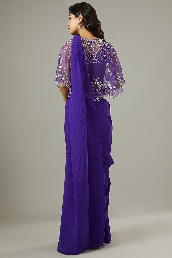 Purple Georgette Pre-Stitched Wedding Saree With Cape by Kavita Bhartia at Pernia's Pop Up Shop