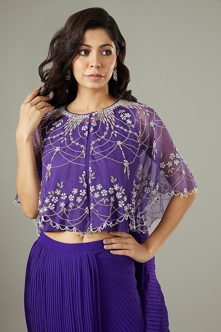 Purple Georgette Pre-Stitched Wedding Saree With Cape by Kavita Bhartia at Pernia's Pop Up Shop