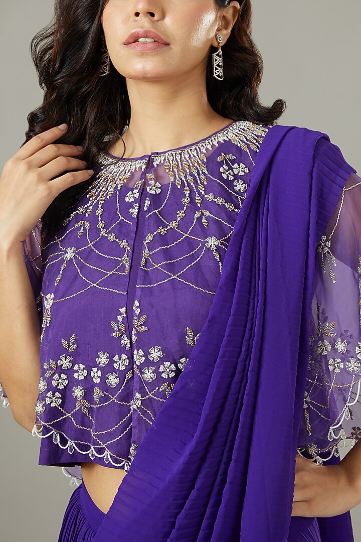 Purple Georgette Pre-Stitched Wedding Saree With Cape by Kavita Bhartia at Pernia's Pop Up Shop
