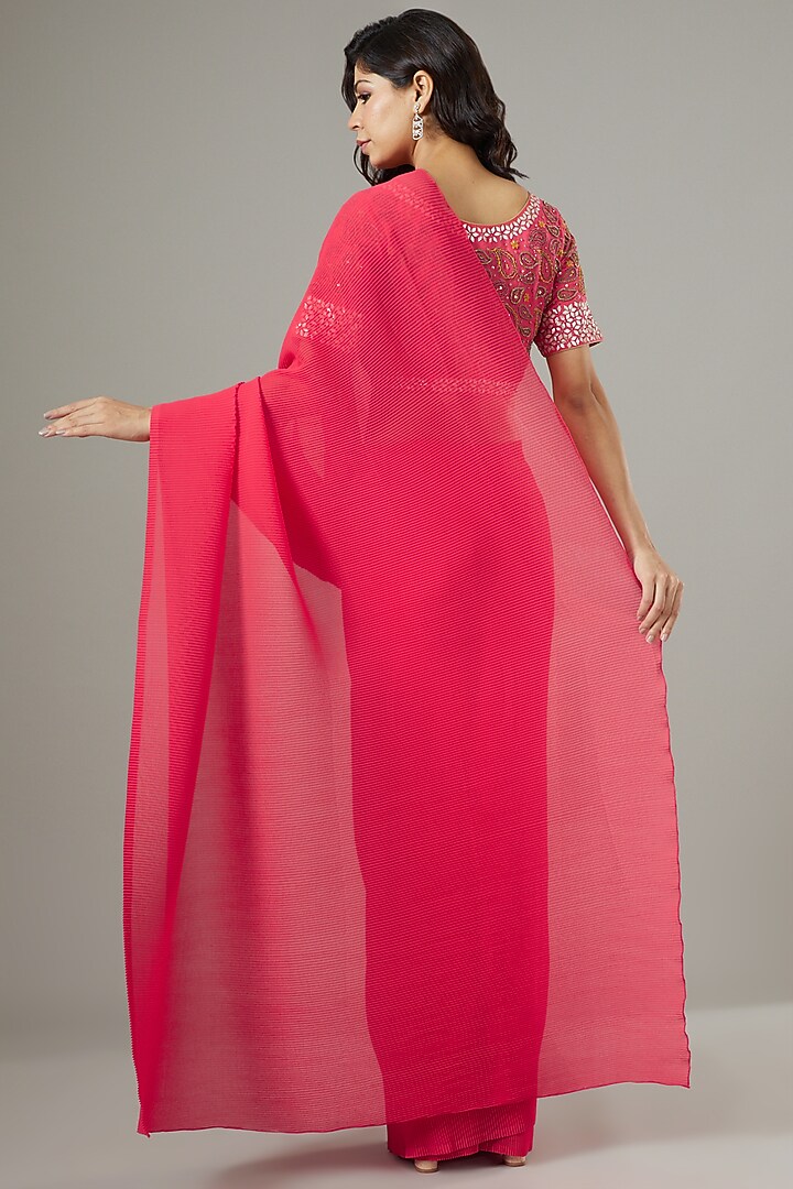 Carrot Red Georgette Pre-Stitched Wedding Saree Set by Kavita Bhartia at Pernia's Pop Up Shop