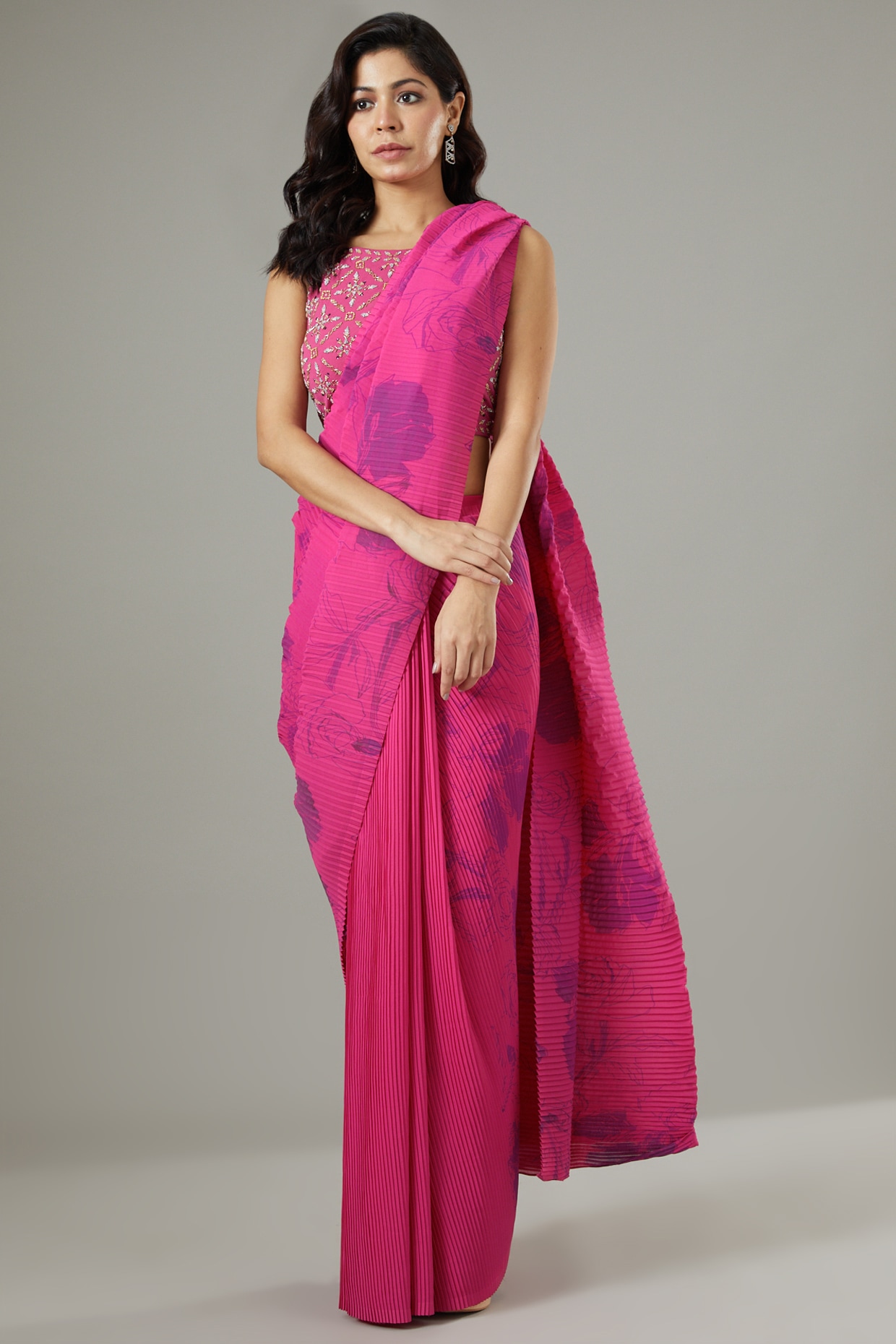 Hot Pink Organza Ruffle Saree with Embroidered Blouse