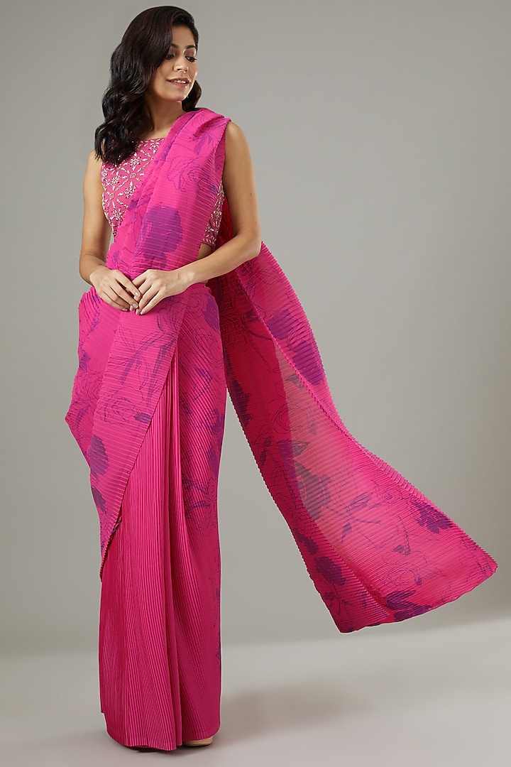 Hot Pink Stretch Lycra Pre-Stitched Wedding Saree Set by Kavita Bhartia at Pernia's Pop Up Shop