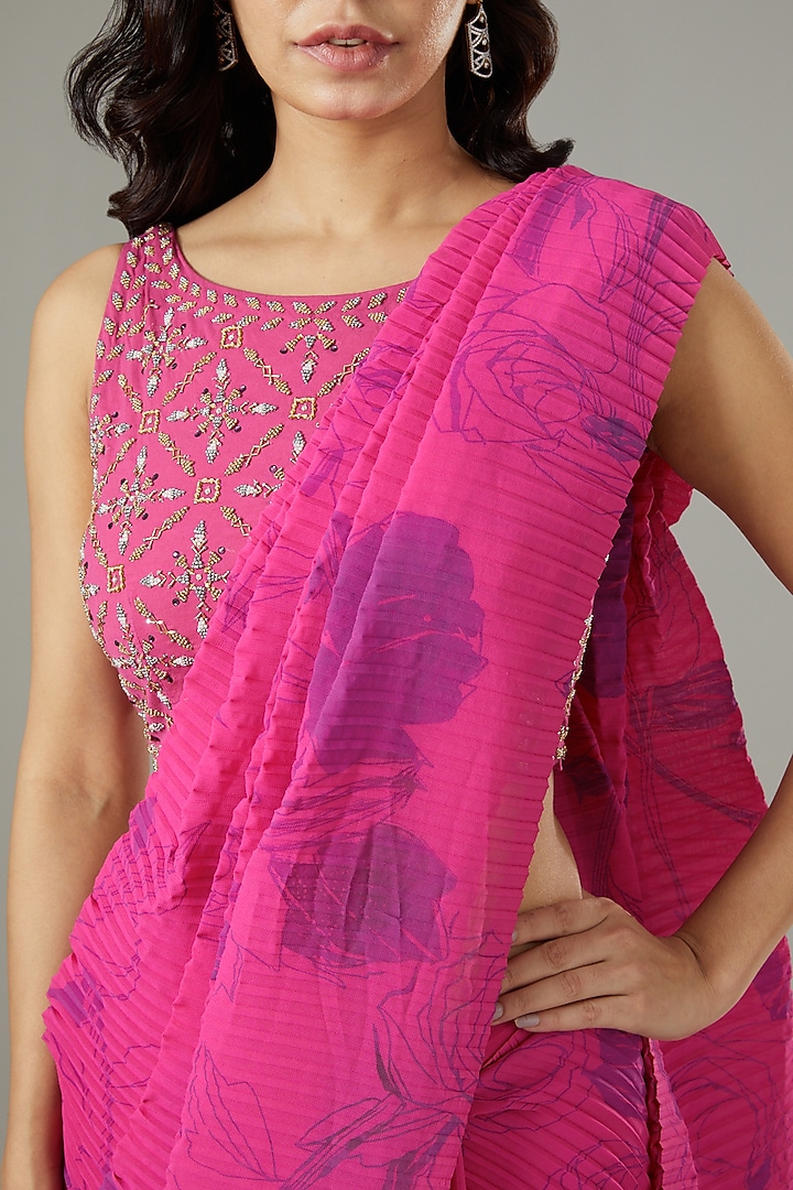 Hot Pink Stretch Lycra Pre-Stitched Wedding Saree Set by Kavita Bhartia at Pernia's Pop Up Shop