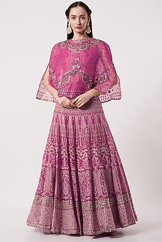 Hot Pink Dupion Embroidered Lehenga Set by Kavita Bhartia