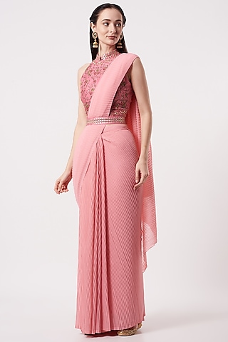 Salmon Pink Georgette Pre-Stitched Saree Set by Kavita Bhartia