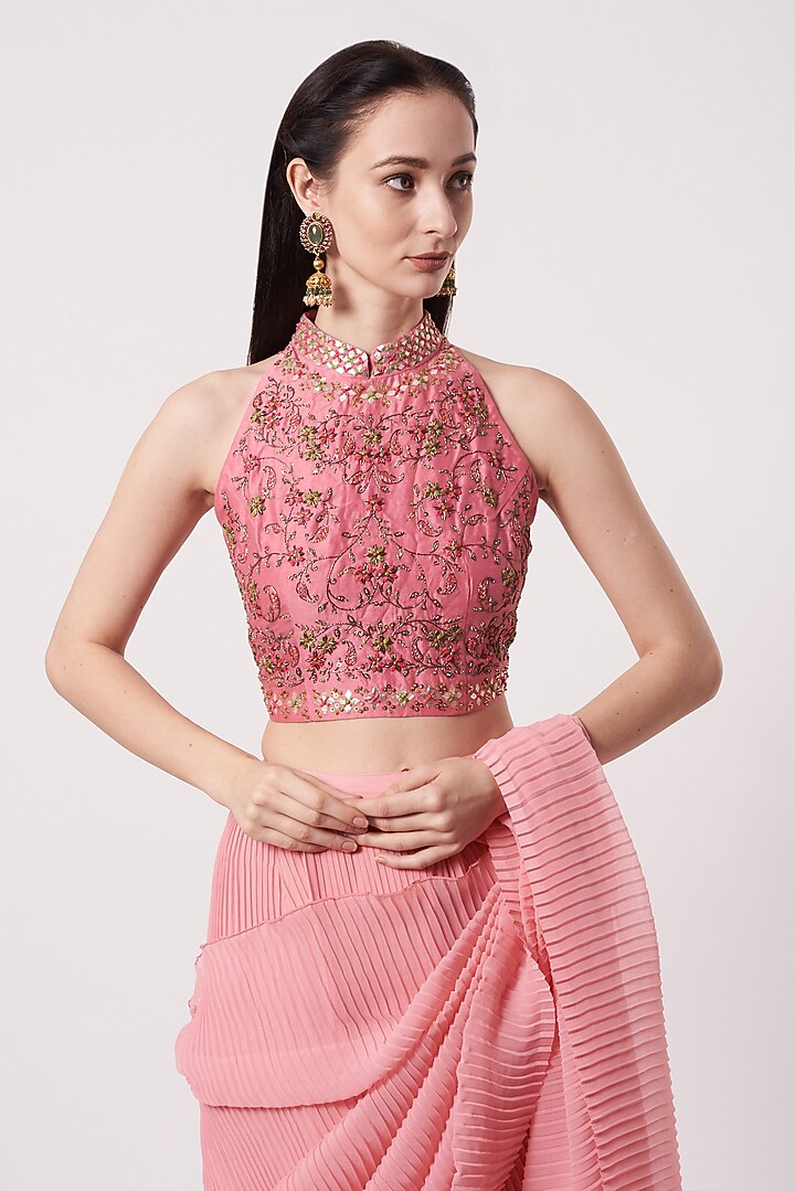 Salmon Pink Georgette Pre-Stitched Wedding Saree Set by Kavita Bhartia at Pernia's Pop Up Shop