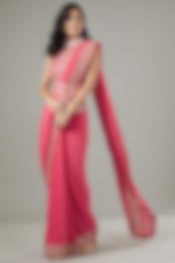 Carrot Red Stretch Lycra Pre-Stitched Wedding Saree Set by Kavita Bhartia at Pernia's Pop Up Shop