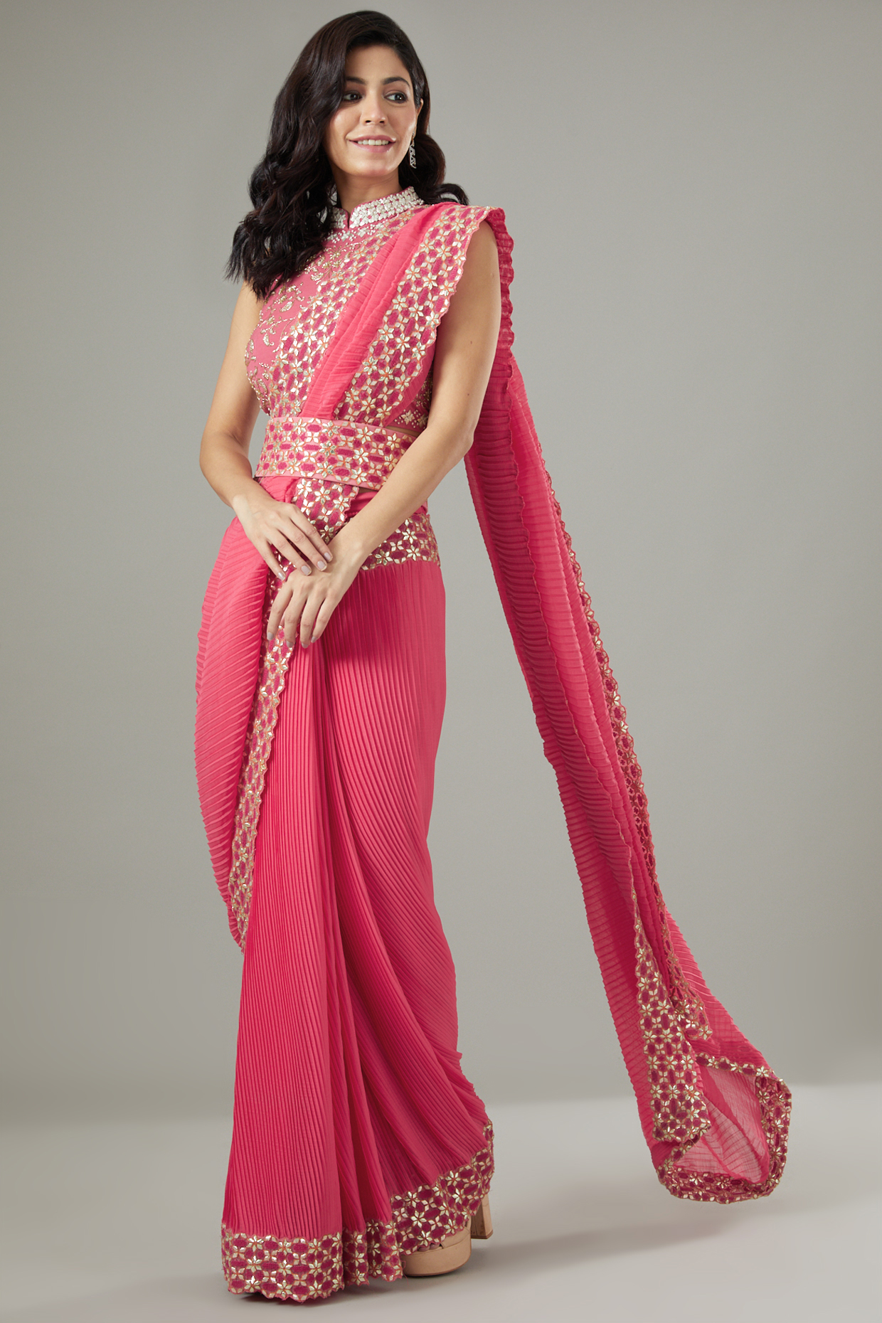 Carrot Red Stretch Lycra Pre-Stitched Wedding Saree Set by Kavita Bhartia at Pernia's Pop Up Shop