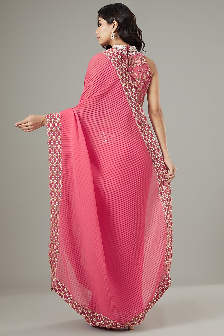 Carrot Red Stretch Lycra Pre-Stitched Wedding Saree Set by Kavita Bhartia at Pernia's Pop Up Shop