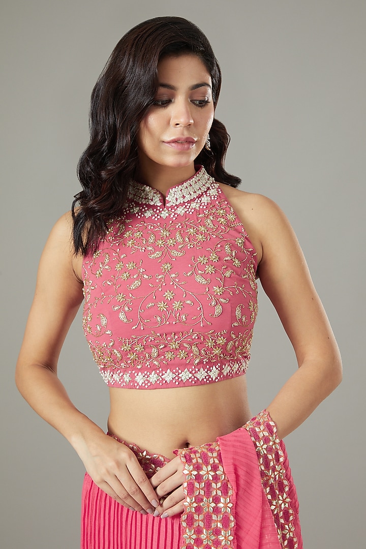 Carrot Red Stretch Lycra Pre-Stitched Saree Set by Kavita Bhartia