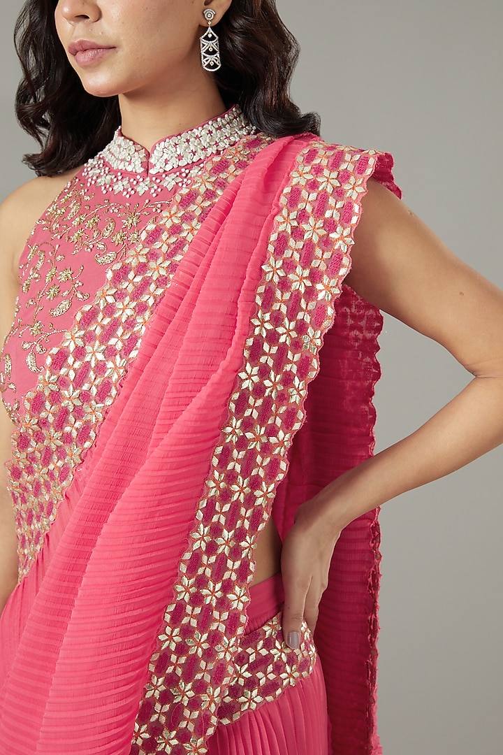 Carrot Red Stretch Lycra Pre-Stitched Wedding Saree Set by Kavita Bhartia at Pernia's Pop Up Shop
