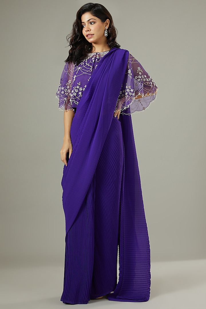 Purple Georgette Pre-Stitched Wedding Saree With Cape by Kavita Bhartia at Pernia's Pop Up Shop