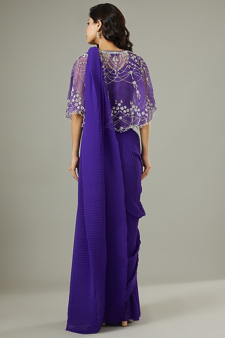 Purple Georgette Pre-Stitched Wedding Saree With Cape by Kavita Bhartia at Pernia's Pop Up Shop
