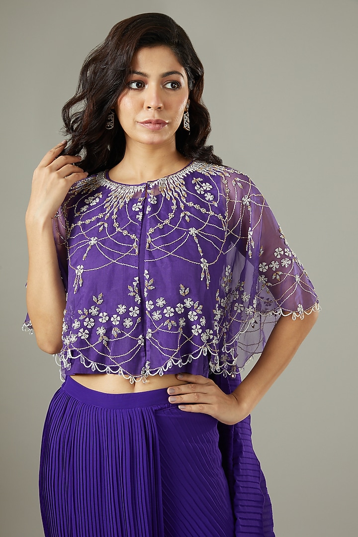 Purple Georgette Pre-Stitched Saree With Cape by Kavita Bhartia at