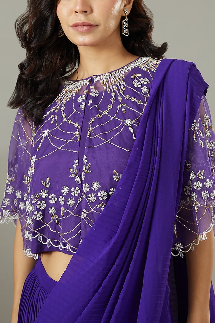 Purple Georgette Pre-Stitched Wedding Saree With Cape by Kavita Bhartia at Pernia's Pop Up Shop