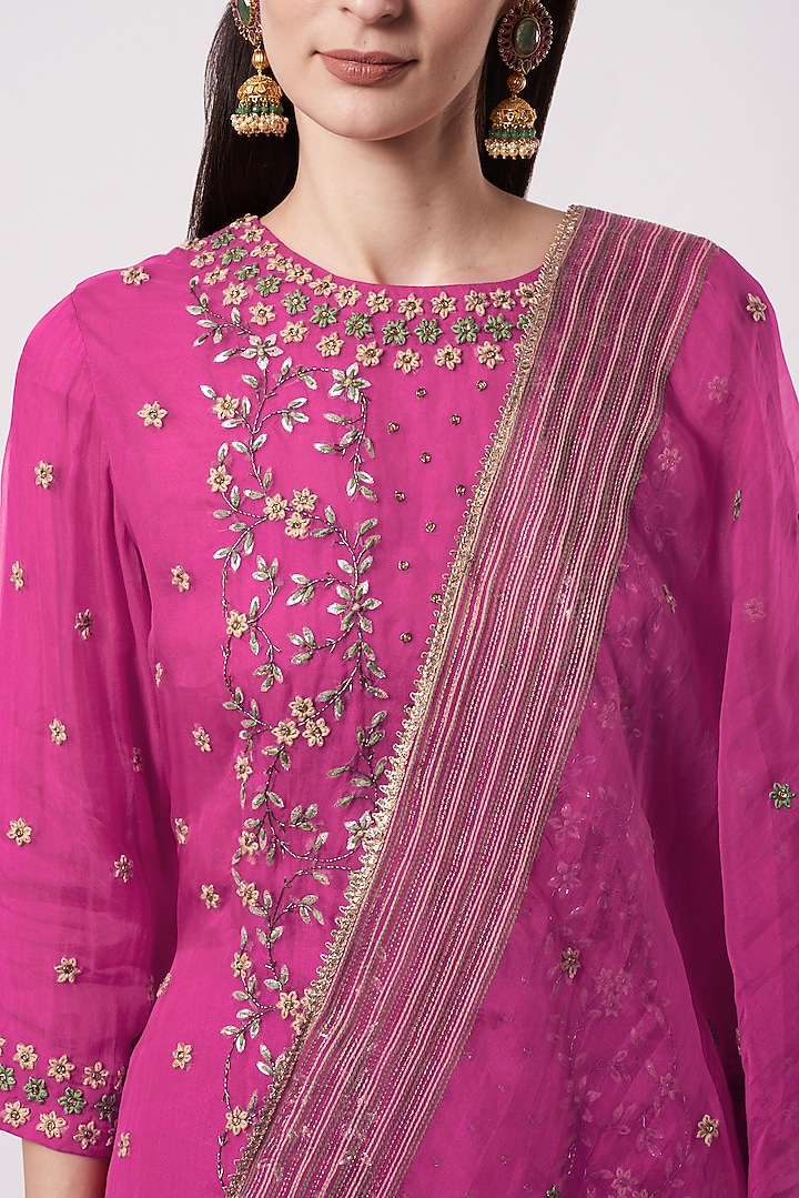 Hot Pink Net Embroidered Wedding Sharara Set by Kavita Bhartia at Pernia's Pop Up Shop