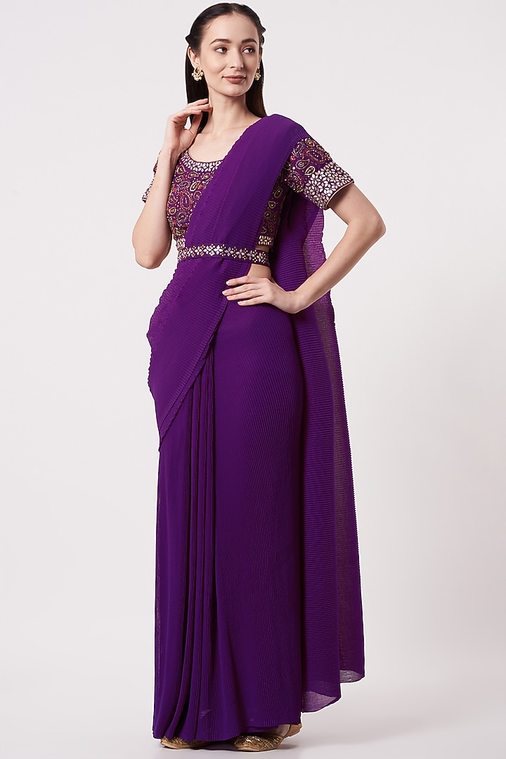 Purple Georgette Pre-Stitched Wedding Saree With Cape by Kavita Bhartia at Pernia's Pop Up Shop