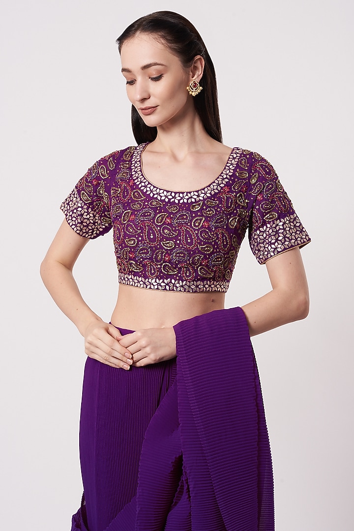 Purple Georgette Pre-Stitched Wedding Saree With Cape by Kavita Bhartia at Pernia's Pop Up Shop