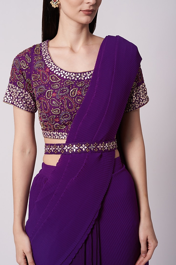 Purple Georgette Pre-Stitched Wedding Saree With Cape by Kavita Bhartia at Pernia's Pop Up Shop
