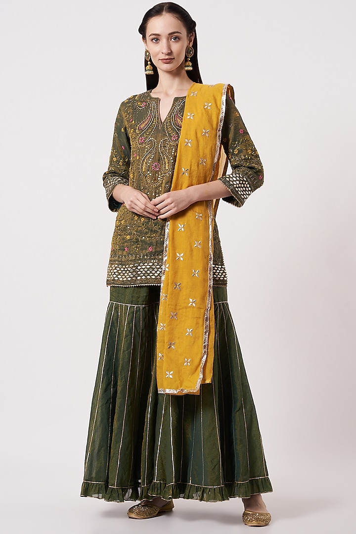 Bottle Green Embellished Sharara Set by Kavita Bhartia