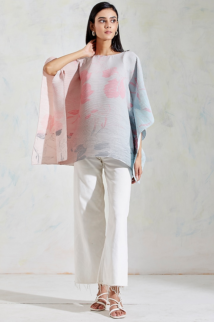 Pink & Aquatic Sage Shaded Hand Block Printed Poncho Top by Kavita Bhartia at Pernia's Pop Up Shop