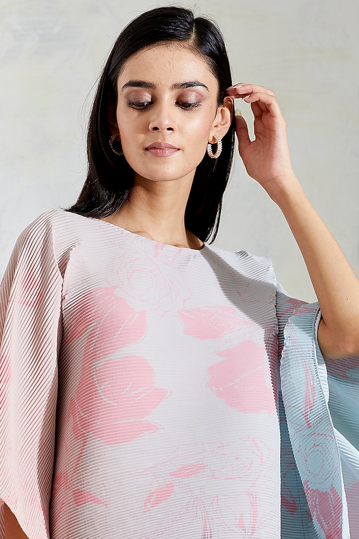 Pink & Aquatic Sage Shaded Hand Block Printed Poncho Top by Kavita Bhartia at Pernia's Pop Up Shop