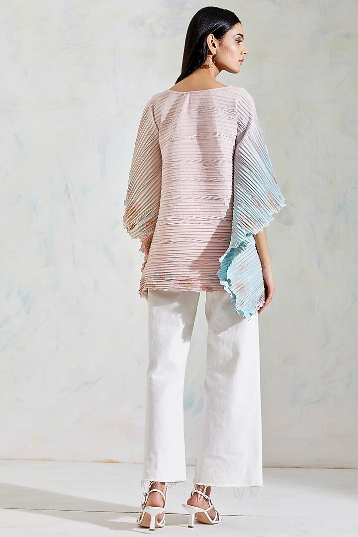 Pink & Aquatic Sage Shaded Hand Block Rose Printed Poncho Top by Kavita Bhartia at Pernia's Pop Up Shop