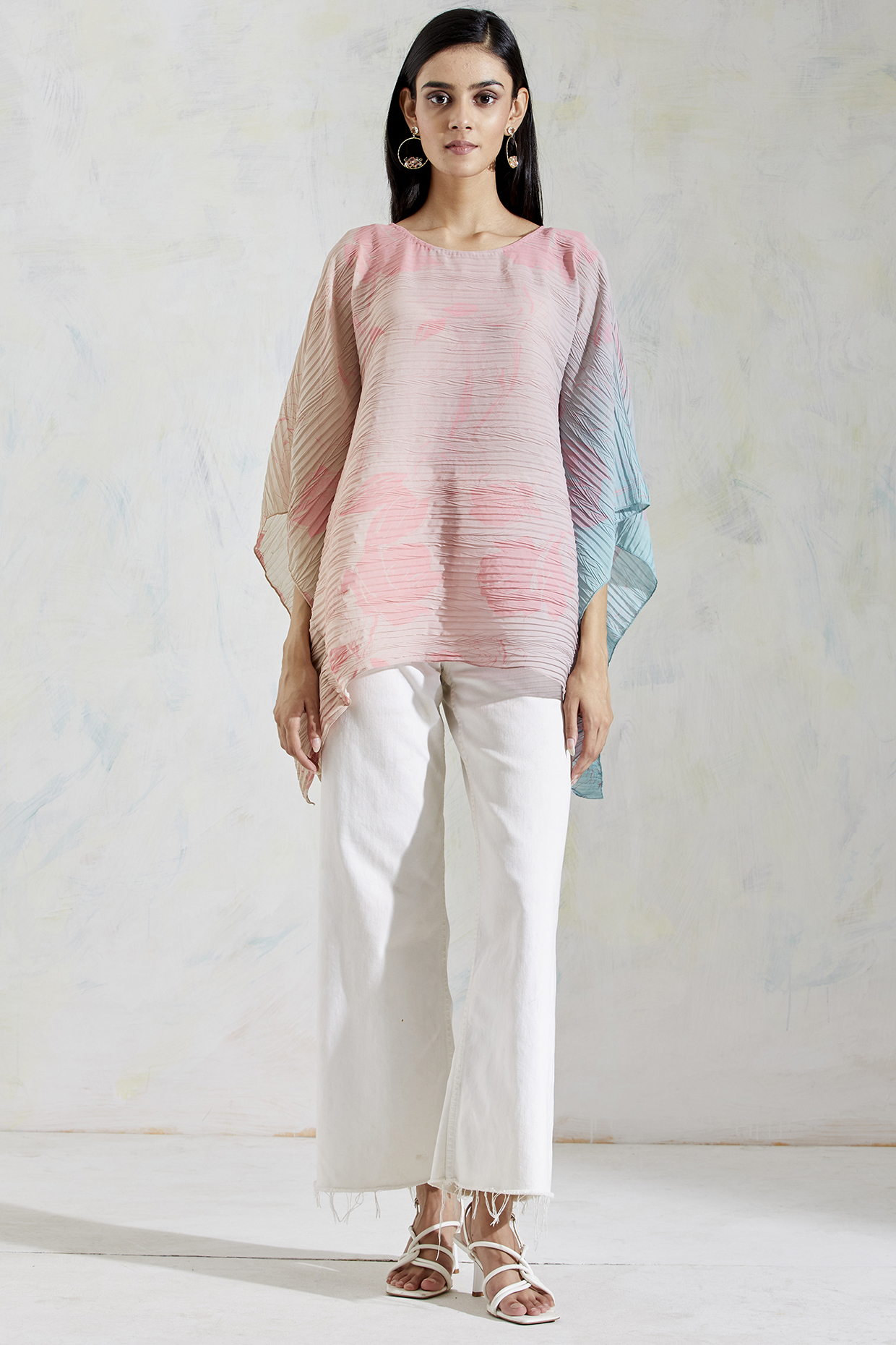 Pink & Aquatic Sage Shaded Poncho Top With Hand Block Rose Print by Kavita Bhartia