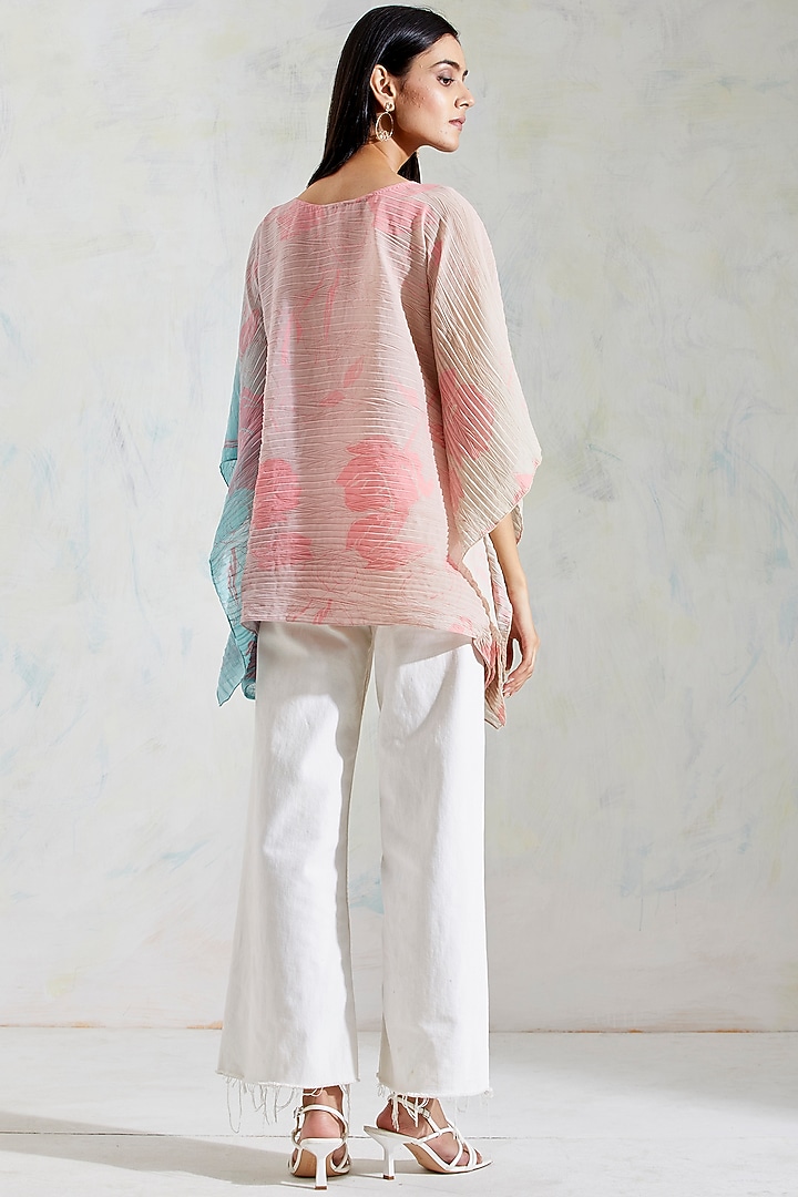 Pink & Aquatic Sage Shaded Poncho Top With Hand Block Rose Print by Kavita Bhartia at Pernia's Pop Up Shop